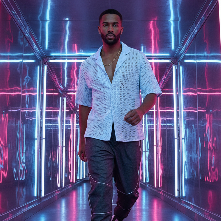 Person modeling a white perforated short-sleeve cutout shirt in a neon-lit corridor