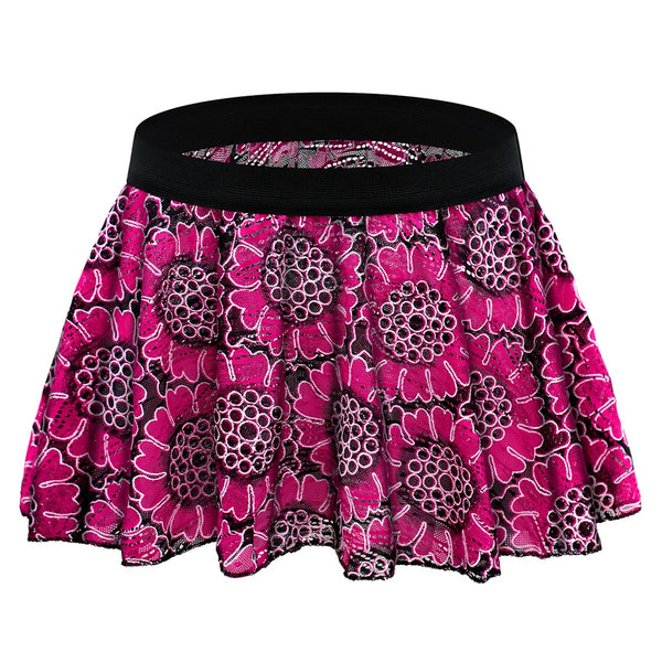 Front view of a bright pink floral-print flared skirt with a wide black waistband