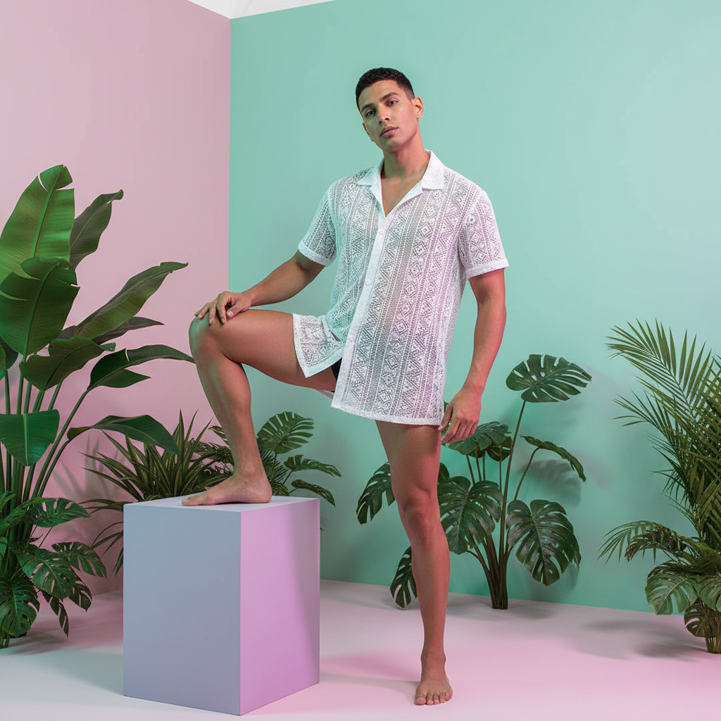 Model poses in a white patterned short-sleeve shirt and matching shorts among tropical plants