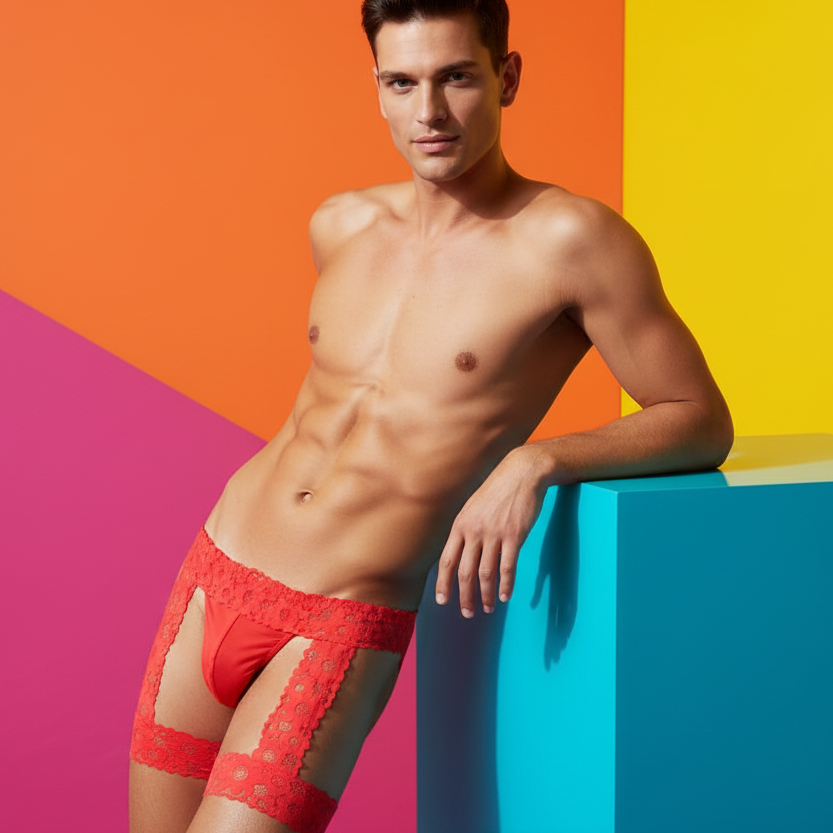 Red Lace Luxury Men's Thong modeled by a shirtless person