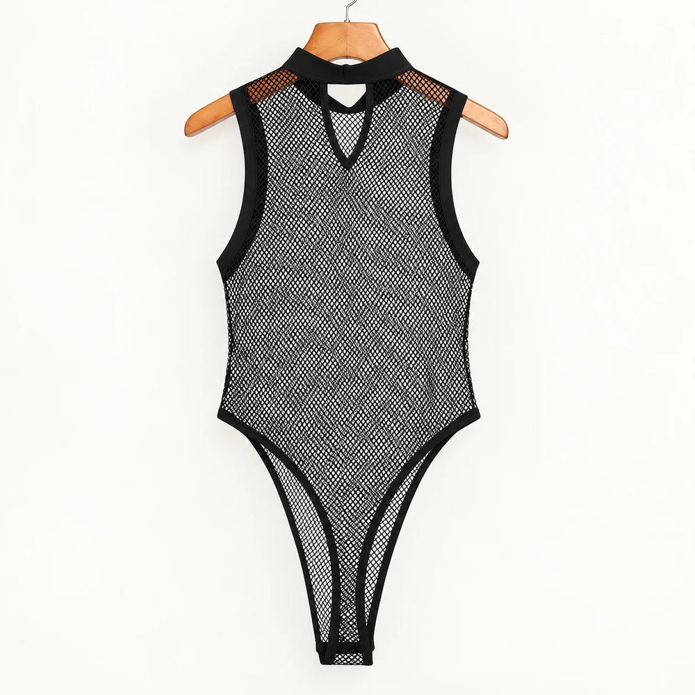 Black sleeveless mesh bodysuit on a wooden hanger, showing its neck band, triangular chest opening and bound leg edges against ivory.