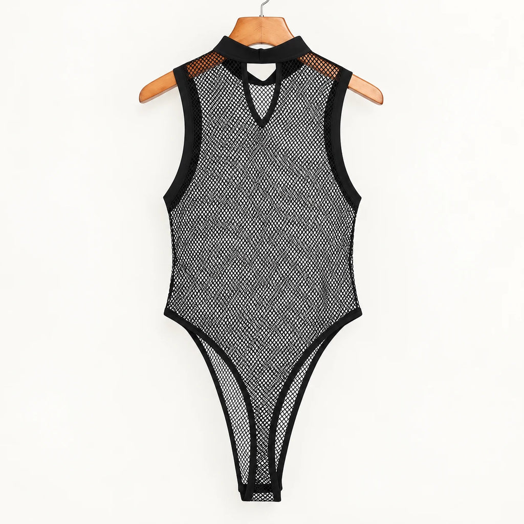Black sleeveless mesh bodysuit on a wooden hanger, showing its neck band, triangular chest opening and bound leg edges against ivory.
