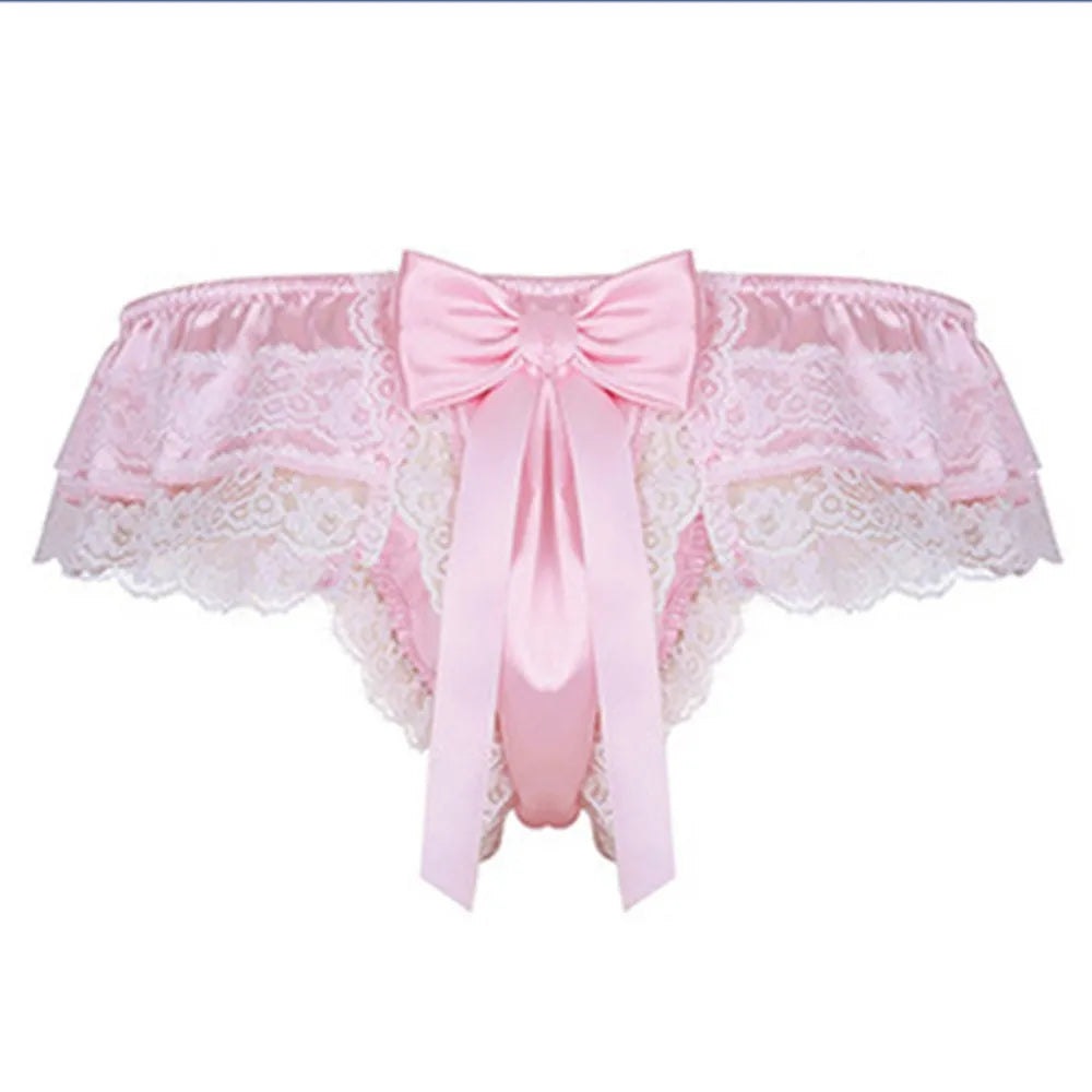 Front view of pink lace briefs with scalloped edges, a large bow, and long ribbon tails