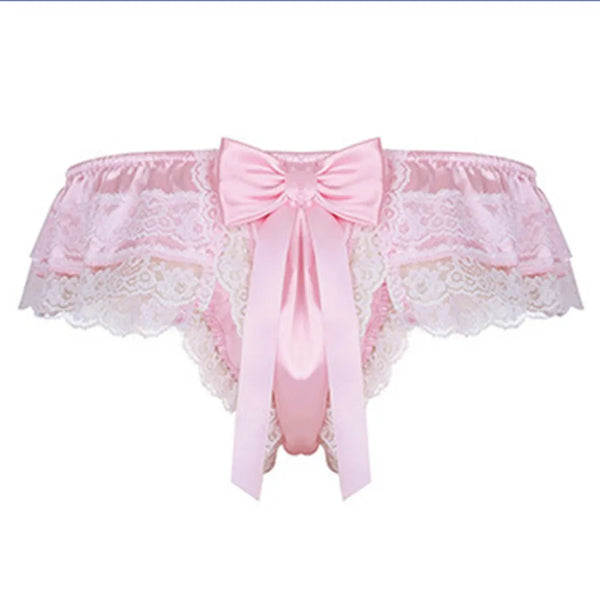 Front view of pink lace briefs with scalloped edges, a large bow, and long ribbon tails