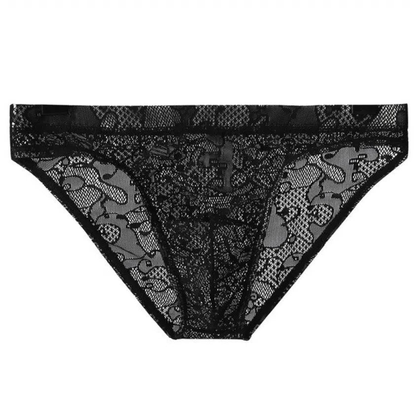 Front view of black semi-transparent lace men's briefs laid flat on a white background