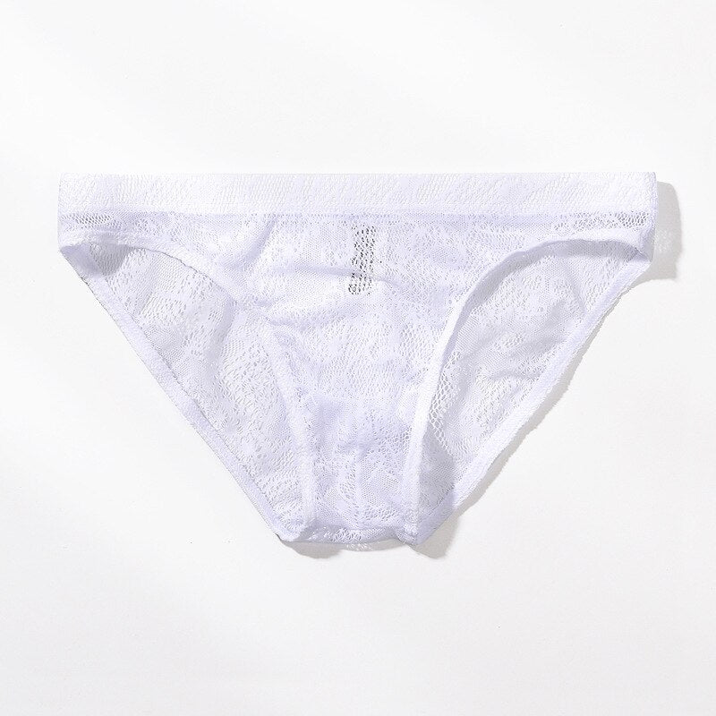 White lace semi-sheer brief panties laid flat, viewed from the front