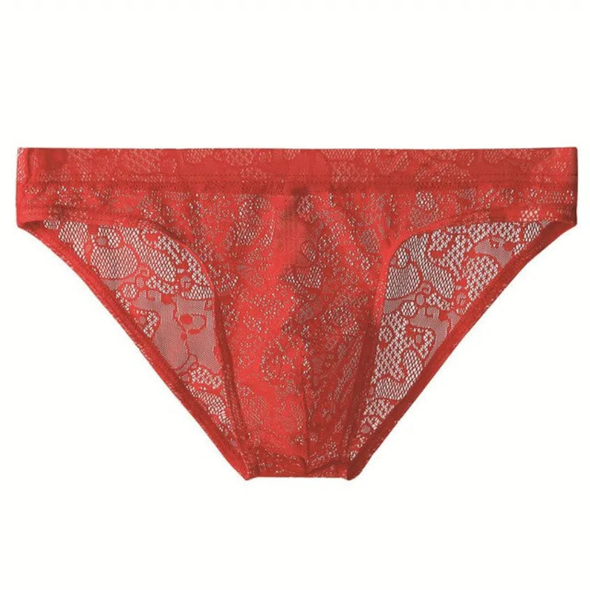 Front view of red semi-sheer floral lace men's brief underwear on white