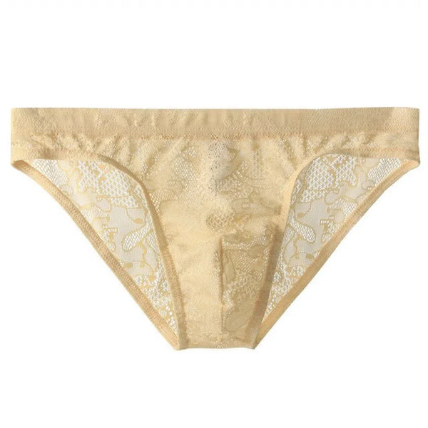 Front-facing beige semi-transparent lace brief panties displayed flat on a white background