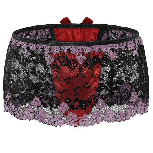 Front view of a black lace skirted thong with lavender floral trim and red center panel