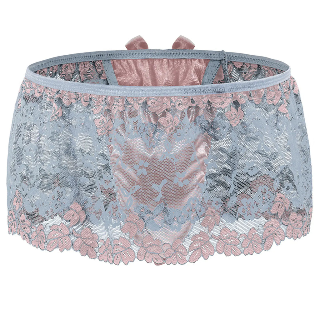 Front view of a blue-gray and pink floral lace skirted thong with a high waistband and bows