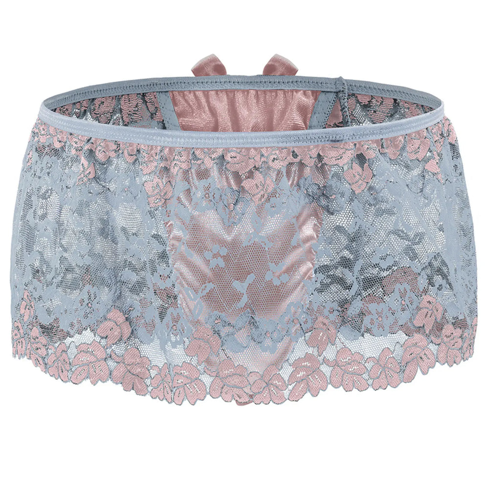 Front view of a blue-gray and pink floral lace skirted thong with a high waistband and bows