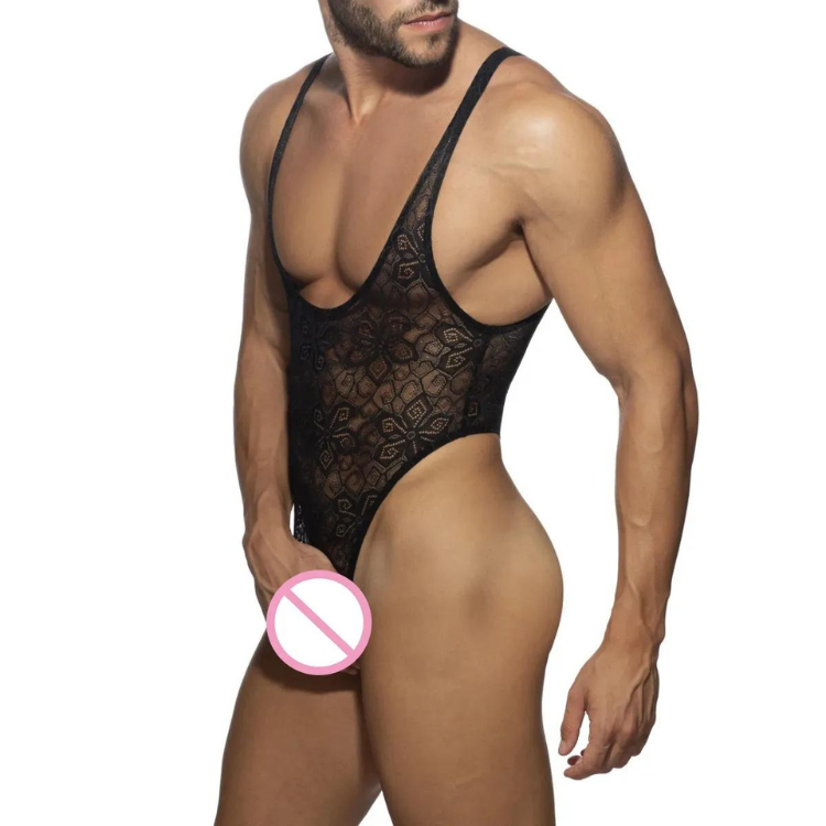 Model wearing a black lace high-cut T-string bodysuit, shown from the rear three-quarter angle