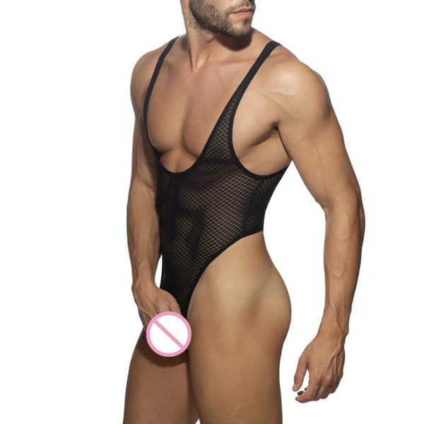 Model in a black mesh thong bodysuit with a deep scoop front, shown at an angle