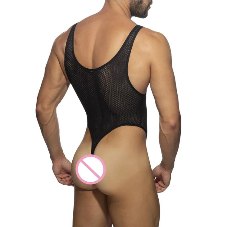 Rear view of a man wearing a black mesh bodysuit with a thong back