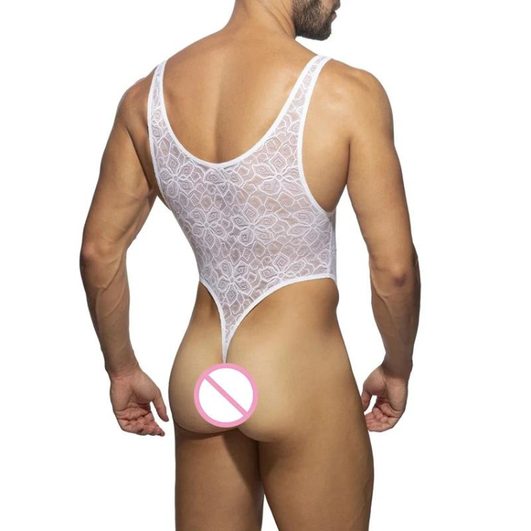 Rear view of a model wearing a white floral-lace T-string bodysuit