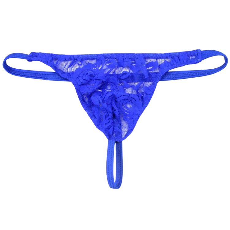 Front view of a cobalt-blue floral lace thong with thin side straps and a narrow back string