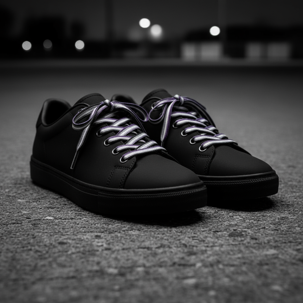 Pair of black low-top sneakers with purple-and-white laces on pavement