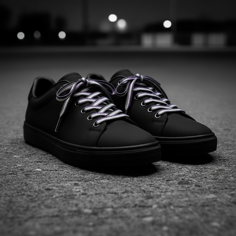 Pair of black low-top sneakers with purple-and-white laces on pavement