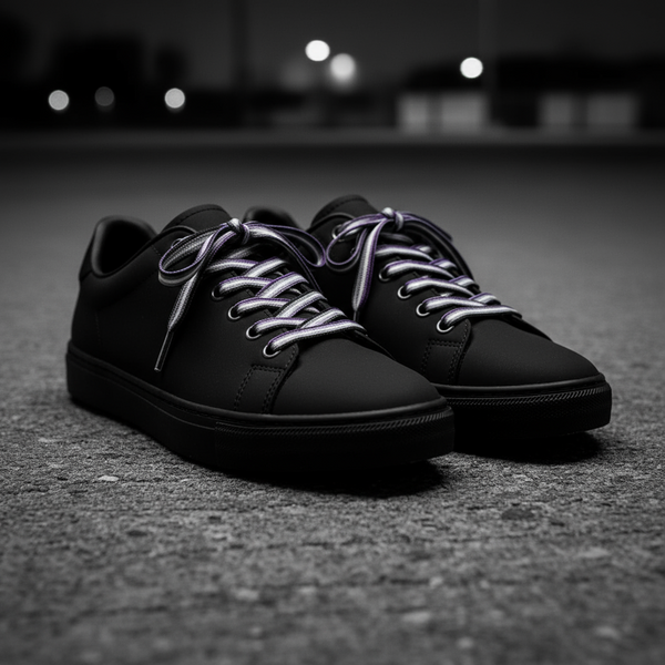 Pair of black low-top sneakers with purple-and-white laces on pavement