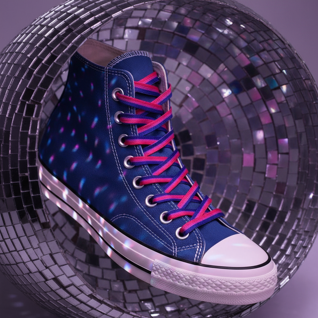Dark blue high-top sneaker with bright pink laces against a disco ball