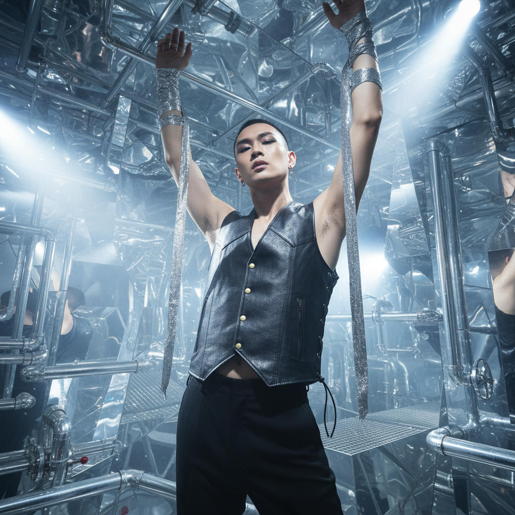 Model wearing a black leather lace-up tank with gold snaps in a metallic industrial setting