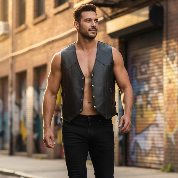 Person wearing an open black leather vest with buttons and side lacing on a city street