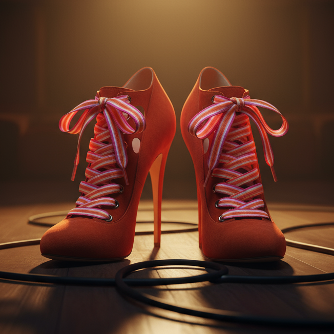 Pair of red stiletto ankle boots with pink, purple, and white striped laces