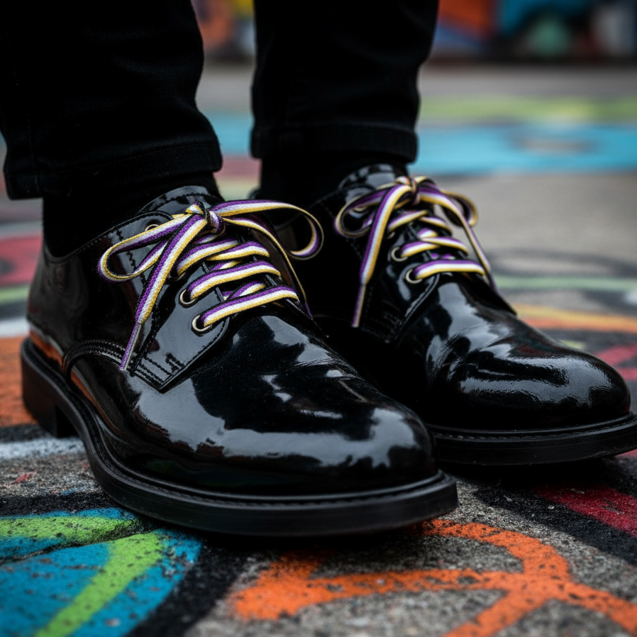 Glossy black lace-up shoes with purple, yellow, and white striped laces on graffiti-painted pavement
