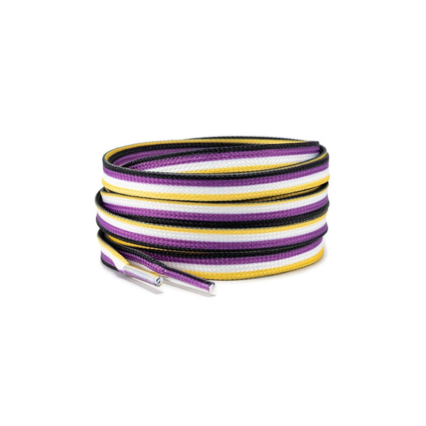 Rolled flat shoelaces with purple, white, yellow, and black stripes and clear aglets