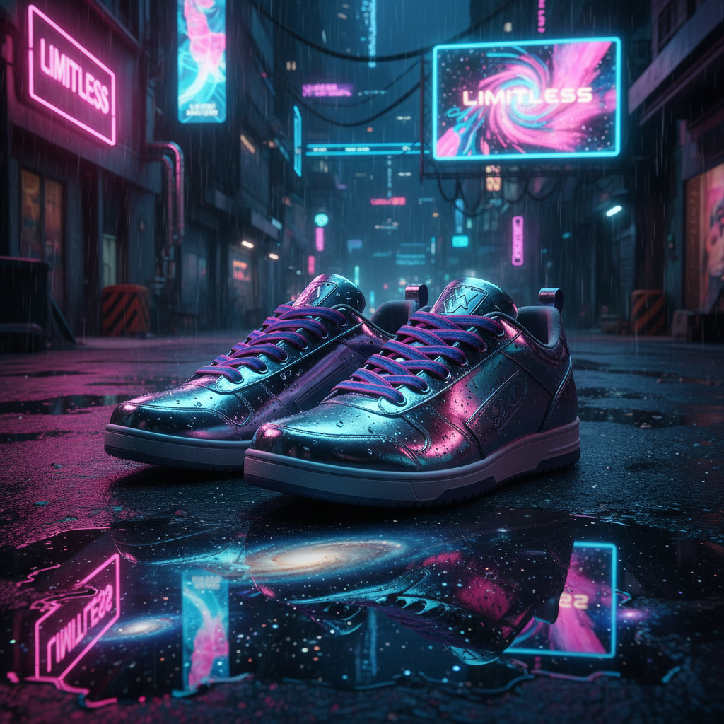 Pair of metallic sneakers with purple and pink laces on a rain-slick neon-lit street