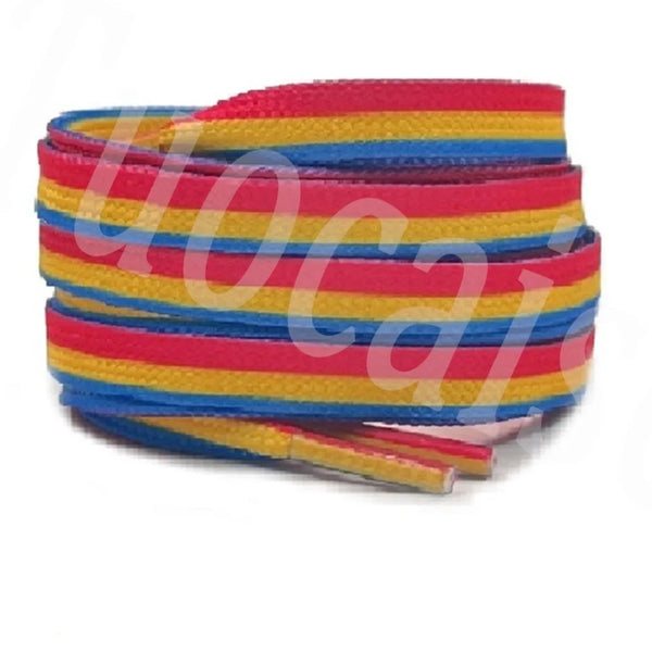 Coiled flat rainbow-striped shoelaces in pink, yellow, and blue