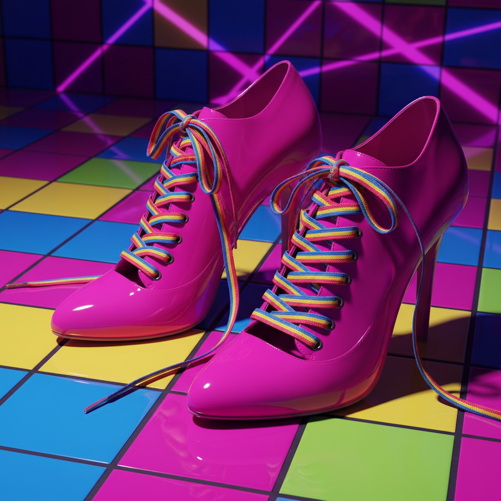 Glossy hot-pink high heels with multicolor striped laces on a neon tiled floor