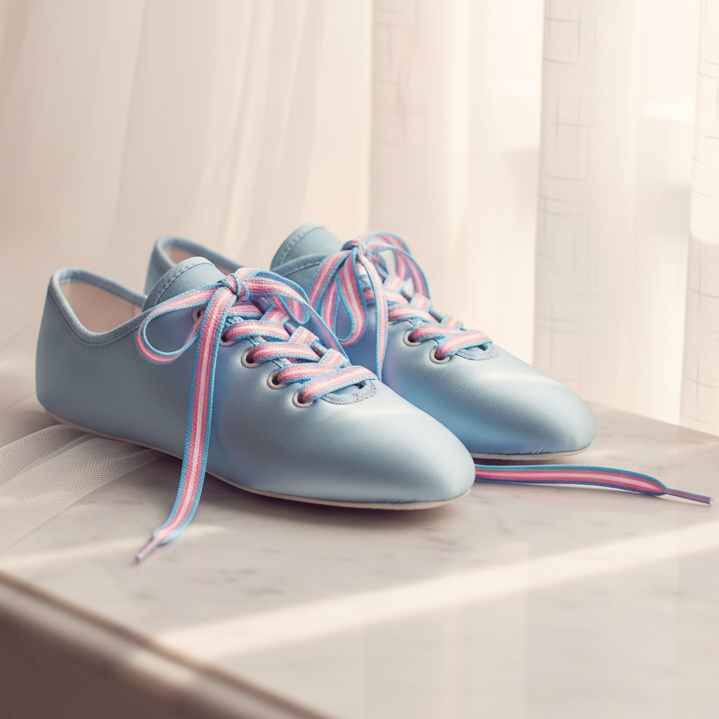 Pair of light-blue satin shoes with pink, white, and blue striped laces on a tabletop