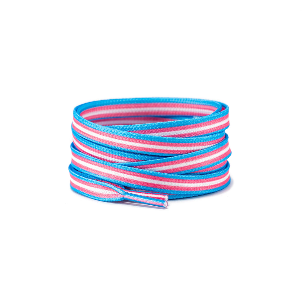 Coiled blue, pink, and white striped shoelaces with capped ends on a white background
