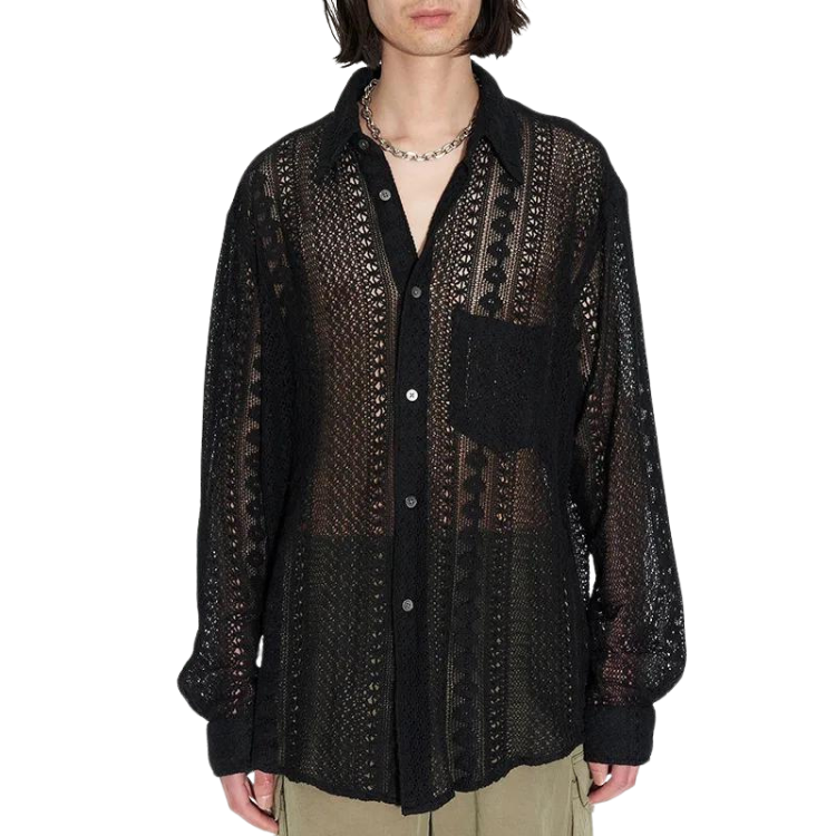 Front-view model wearing a sheer black lace button-up shirt with a chest pocket