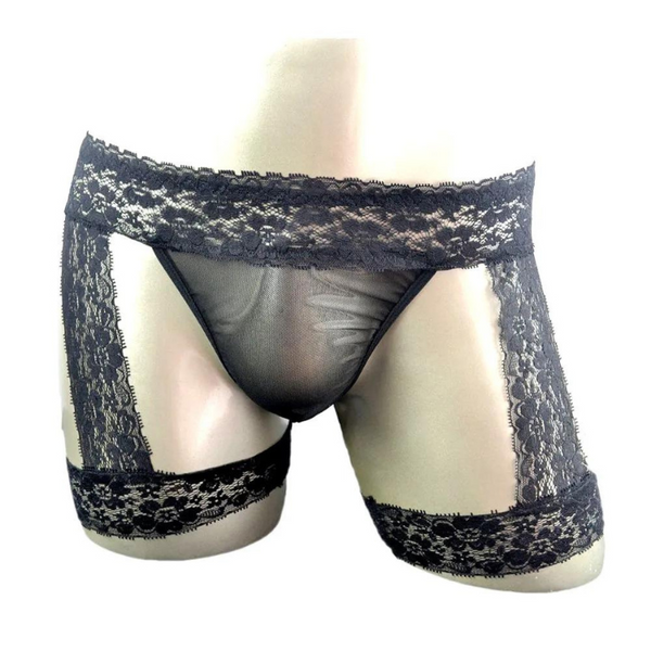 Front view of a black lace men's thong on a mannequin with garter-style leg straps