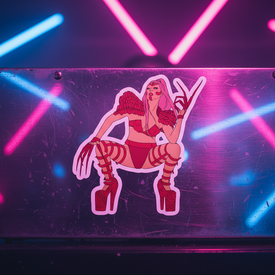 Lady Gaga Chromatica bubble-free sticker featuring their in a red futuristic look and platforms