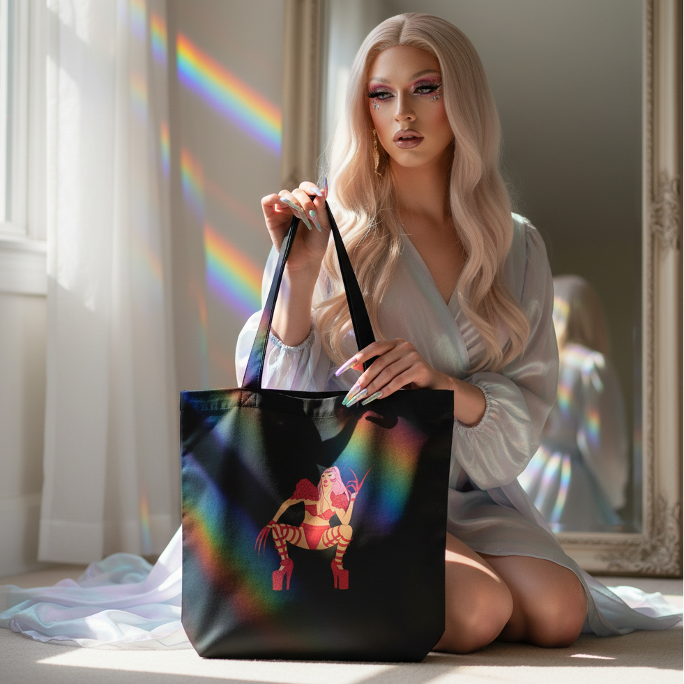 Model kneeling beside a black tote bag with a colorful seated-person illustration