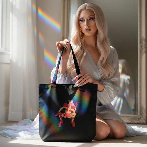 Model kneeling beside a black tote bag with a colorful seated-person illustration