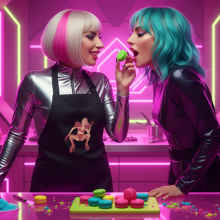 Two people in metallic outfits pose with a black graphic apron as one offers a green macaron