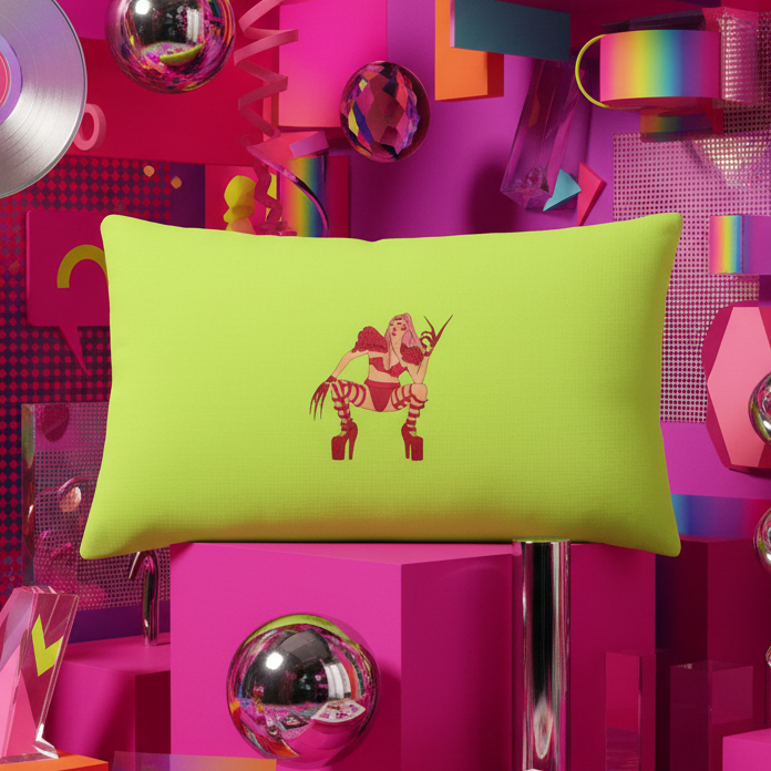 Lime green Lady Gaga Chromatica Pillow, queer-themed with a striped figure on a unicorn