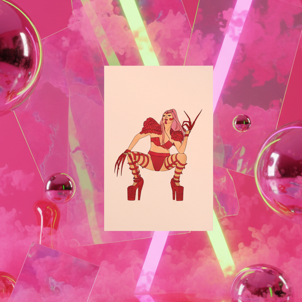 Lady Gaga Chromatica Postcard features a fierce red outfit, high heels