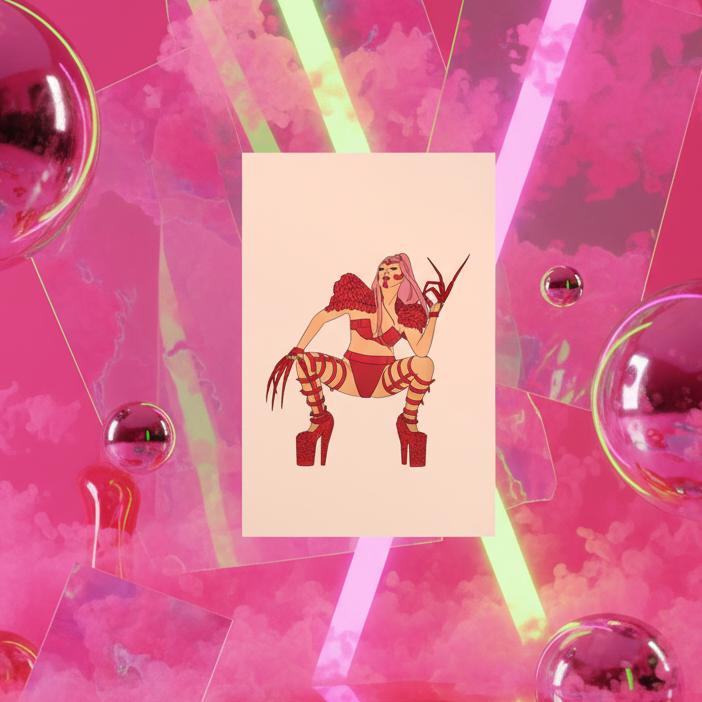 Lady Gaga Chromatica Postcard features a fierce red outfit, high heels
