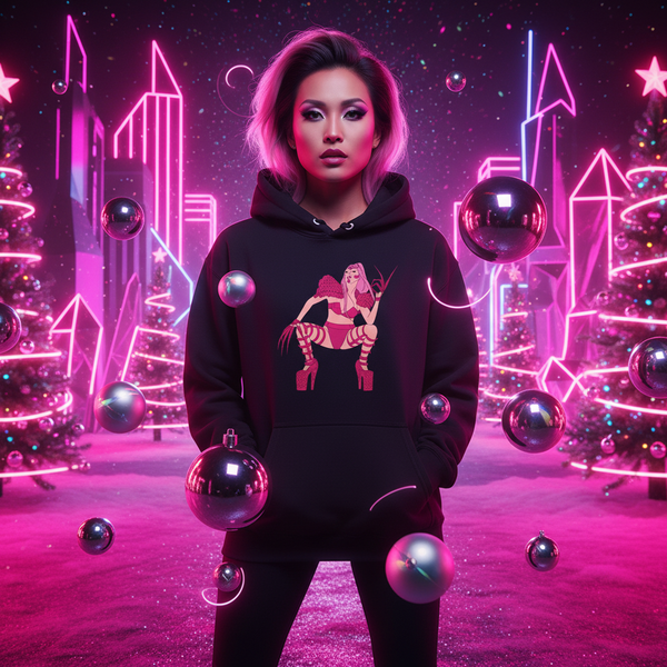 Model wearing a black hoodie with a colorful pin-up figure graphic in a neon pink scene