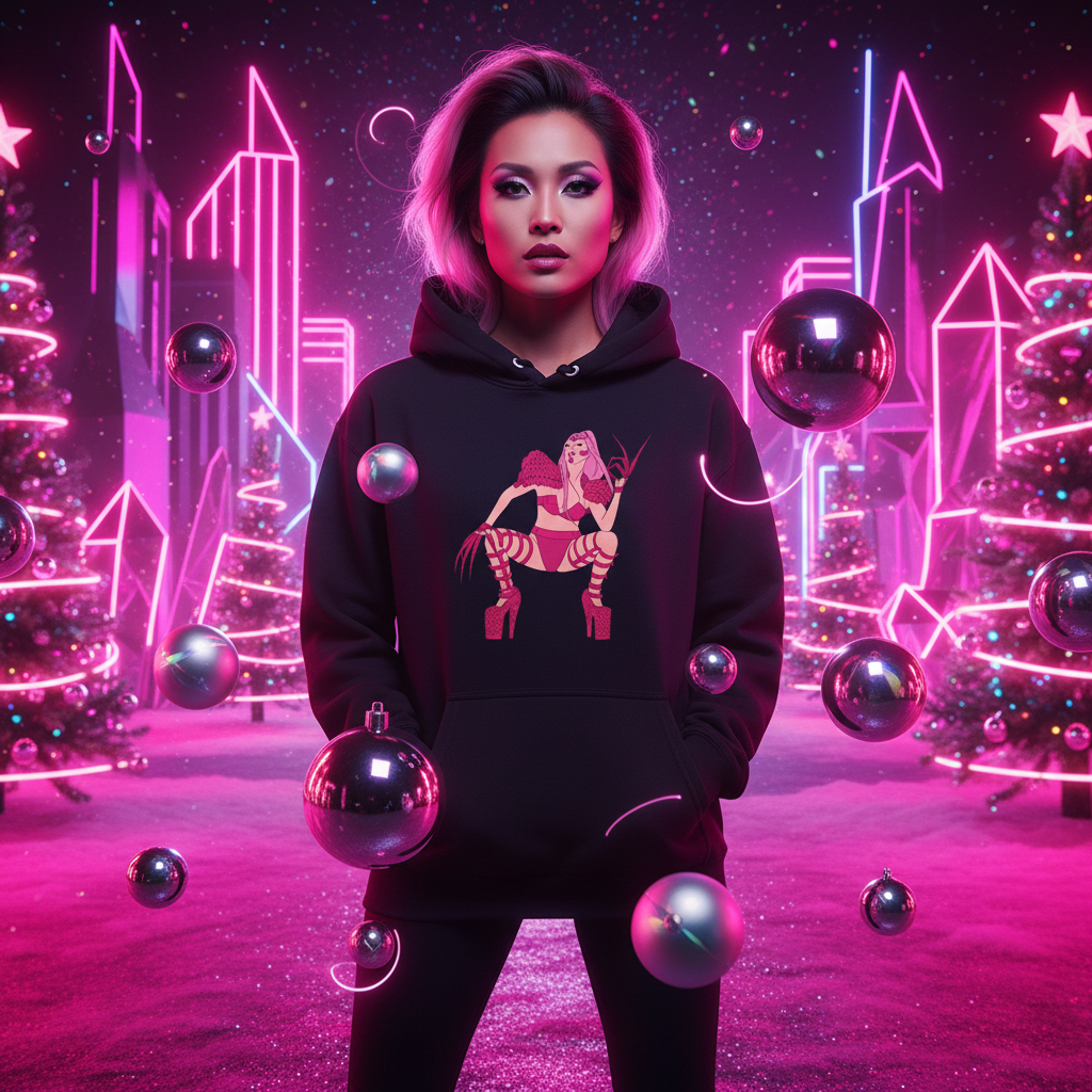 Model wearing a black hoodie with a colorful pin-up figure graphic in a neon pink scene