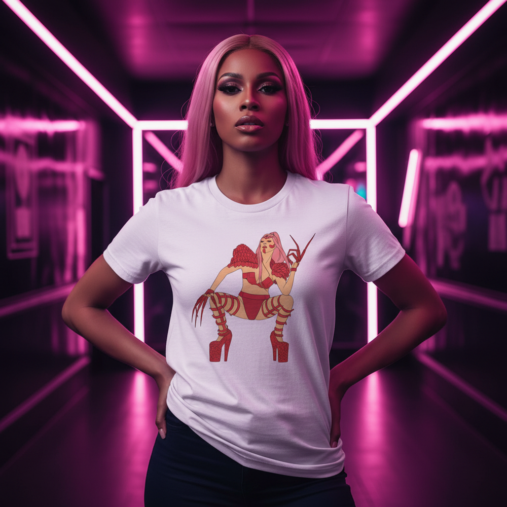 Lady Gaga Chromatica Unisex T-Shirt worn by a femme with long pink hair, glowing in neon purple and pink hallway queer vibes.