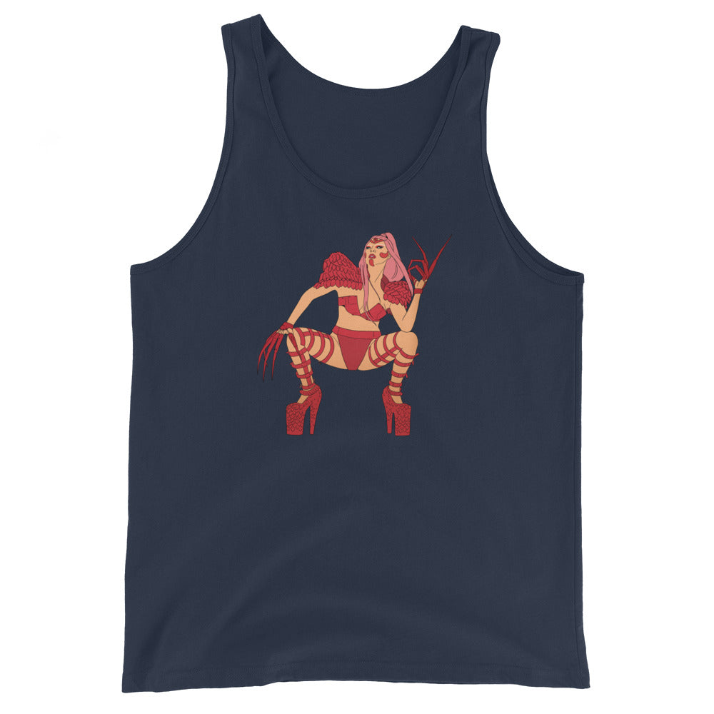 Front view of a navy tank top with a colorful red-and-pink crouching performer graphic