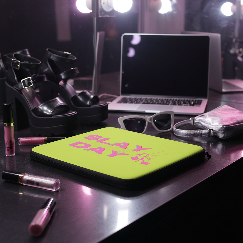 The "Slay The Day" laptop sleeve with bold pink lettering sits on a vanity with high heels, sunglasses, silver gloves, and lip gloss; round mirror lights glow behind an open laptop.