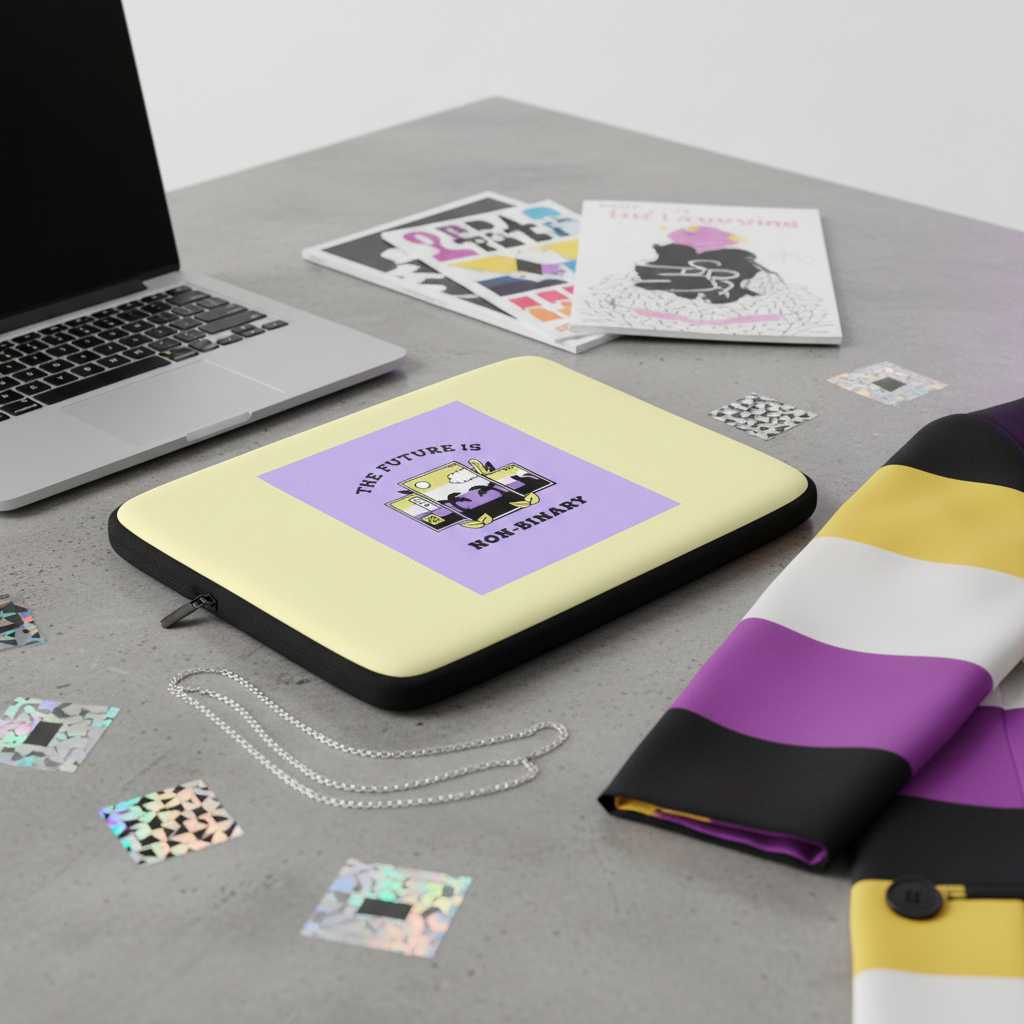 Pale yellow "The Future Is Non-Binary" laptop sleeve with racecar graphic, on gray desk with laptop, scarf, stickers, necklace, books.