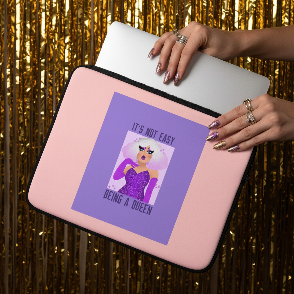 It's Not Easy Being A Queen Laptop Sleeve with a fierce drag queen in purple, big white hair, and “It’s not easy being a queen.”.